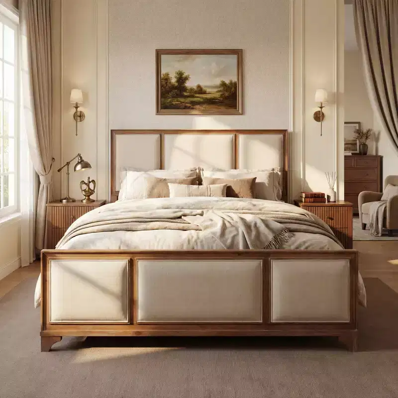 ModernLuxe King/Queen Size Wood Platform Bed with Upholstered Beige Headboard & Footboard, Modern Farmhouse Bed Frame