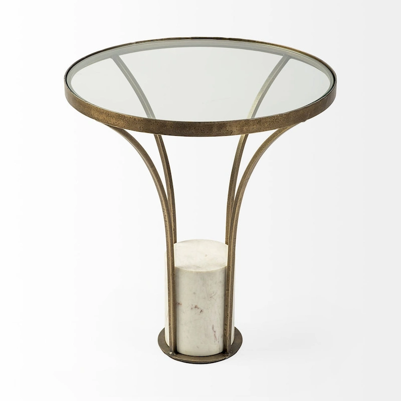 Jacinta II Glass Top with Gold Metal and White Marble Pedestal Round Side Table