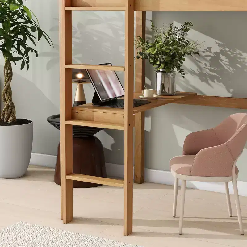 MAYEERTY Twin High Loft Bed with Safety Guardrail, Bulit-in Desk, Ladder Beige