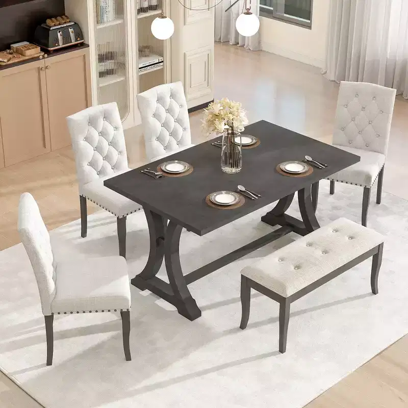 Whisen 6-Piece Farmhouse Dining Table Set with 4 Upholstered Chairs and Bench for Dining Room