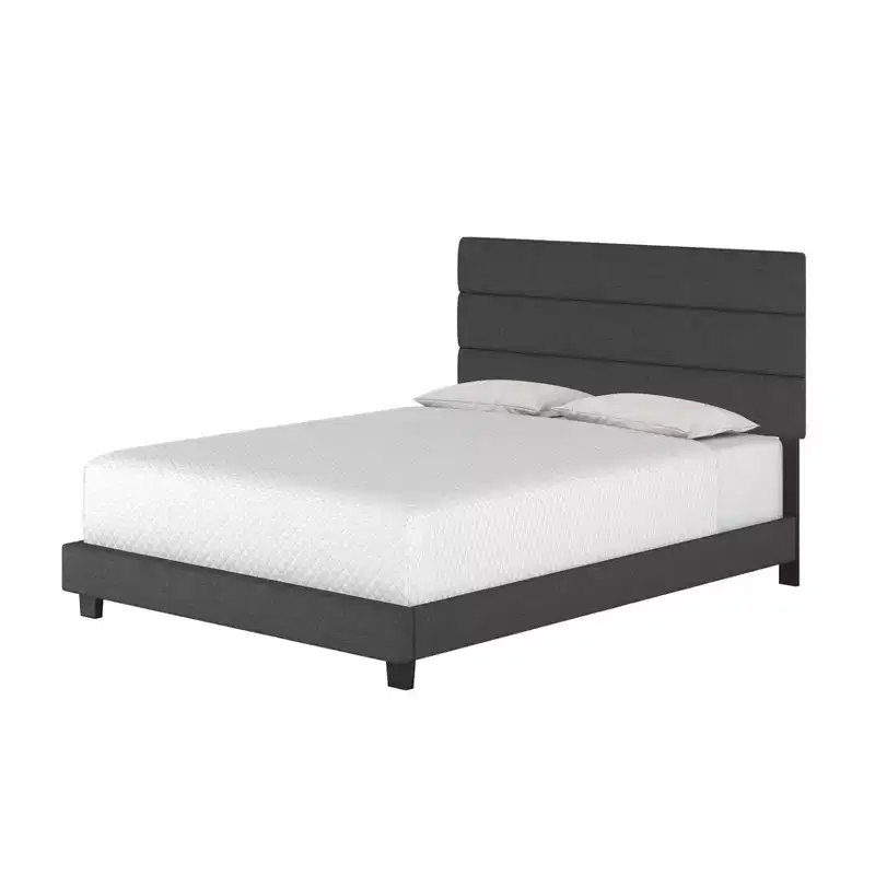 Linen Channel Upholstered Platform Bed with Padded Headboard