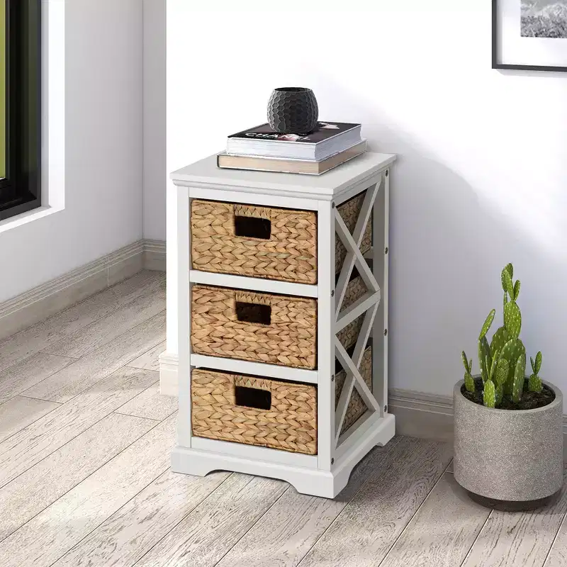 3 Tier X-Side End Storage Cabinet with 3 Wicker Baskets