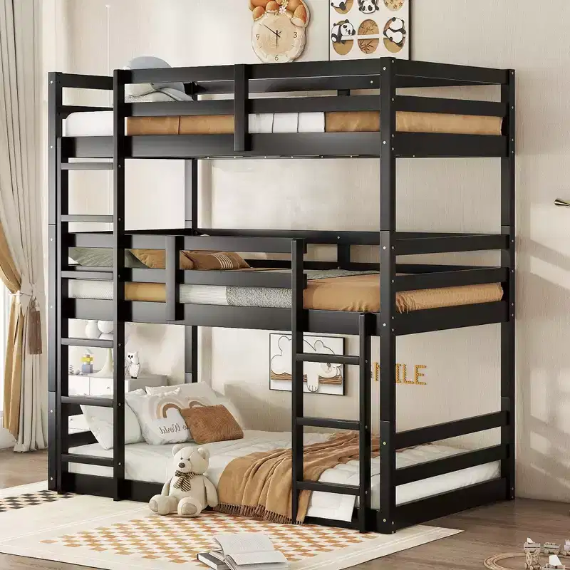 Detachable Triple Twin Bunk Bed with 2 Ladders & Guardrails, Rubber Wood, 200 lbs/Bed