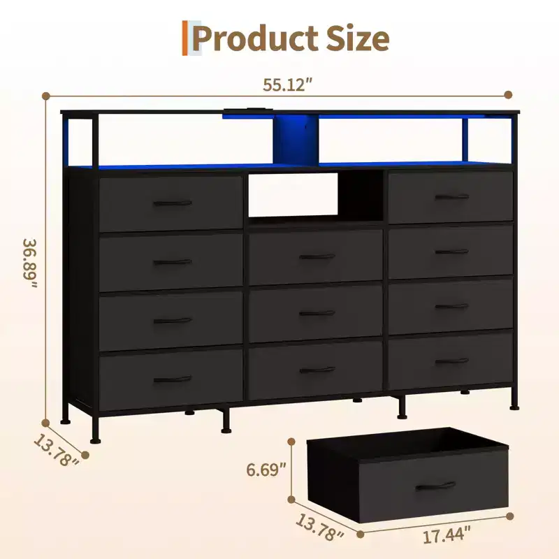Dresser for Bedroom with 11 Drawers Featuring, Fabric Dressers & Chest of Drawers with Open Shelves for Hallway, Living Room, Steel Frame,Wood Top