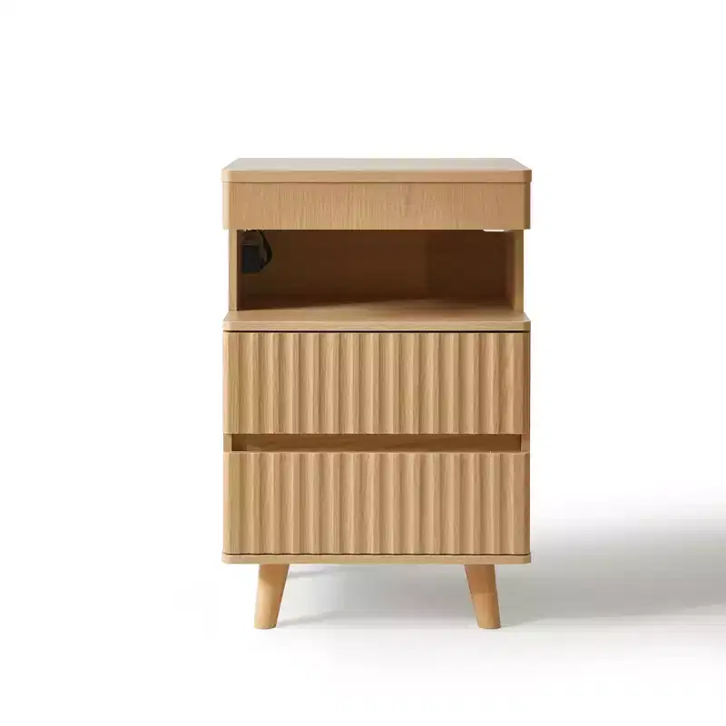 Modern Wooden Bedside Table with 2 Drawers, Open Shelf and Charging Station