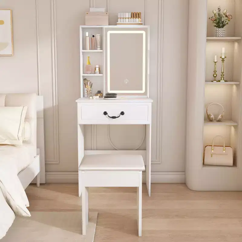 Okak Modern Compact Vanity with Padded Stool, Multi-Tier Vanity Desk with Dust-Proof Hidden Storage, Vanity Desk with Mirror, White