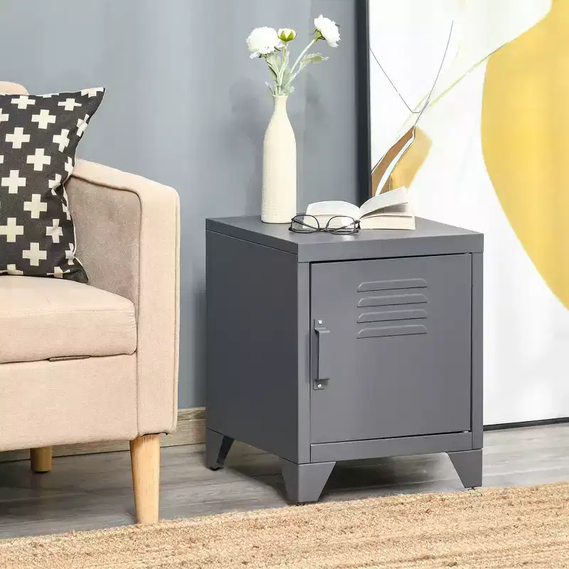 Industrial End Table, Living Room Side Table with Locker-Style Door and Adjustable Shelf