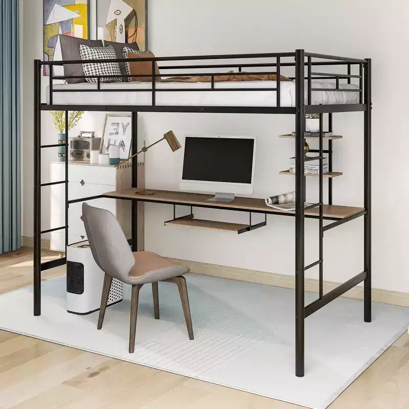Metal Loft Bed with Built-in Desk and Storage Shelf,High Loft Bed with Keyboard Tray for Kids Boys Girls Teens
