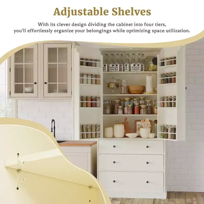 77in Farmhouse Pantry Cabinet, Freestanding Tall Cabinet with 3 Adjustable Shelves, 8 Door Shelves, 3 Drawers, Storage Cabinet for Kitchen