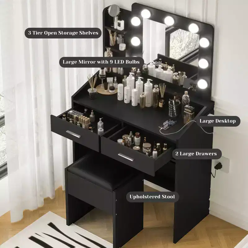 Makeup Vanity with Lights, Vanity Desk with Mirror and Lights Set, Large Drawer and Two-Tier Lots Storage Cabinet, 3 Lighting Modes