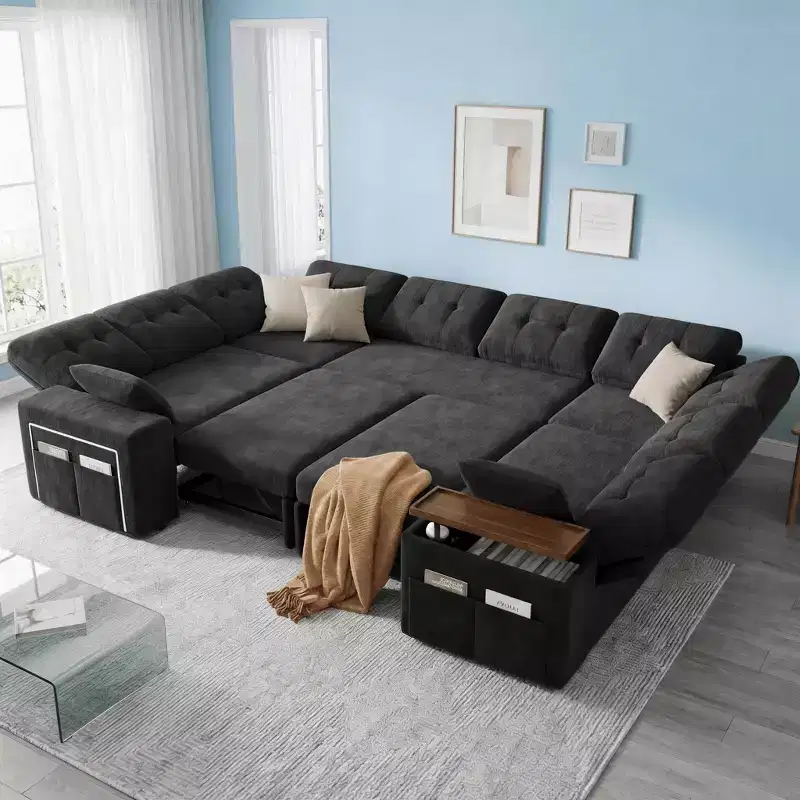 Dyonery 112 Modular Convertible Sectional Sleeper Sofa with Pull Out Bed,Linen Convertible Couch with Storage Seat,Sectional Couches for Living Room