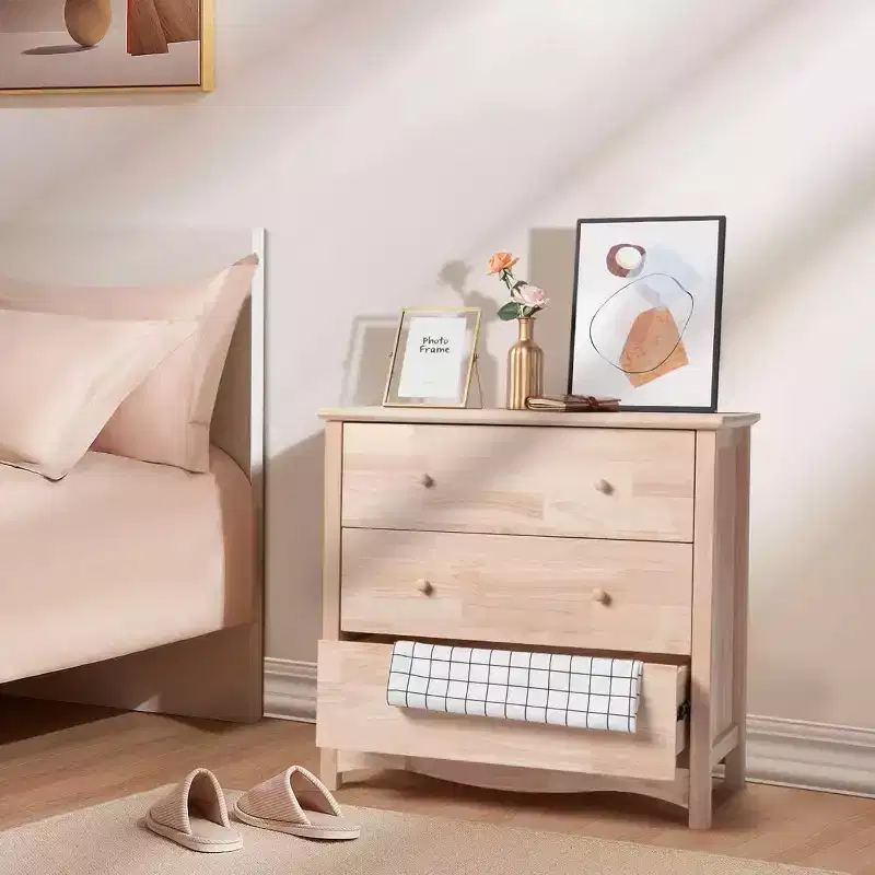 VINGLI Unfinished Natural Solid Wood 3 Drawer Dresser for Bedroom, Farmhouse Dressers & Chests Rubber Wood Dresser
