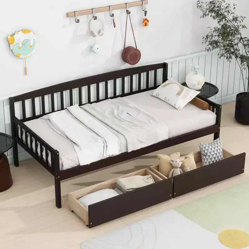 Twin Pine Wood Daybed with Two Storage Drawers, 10 Support Slats, Brown