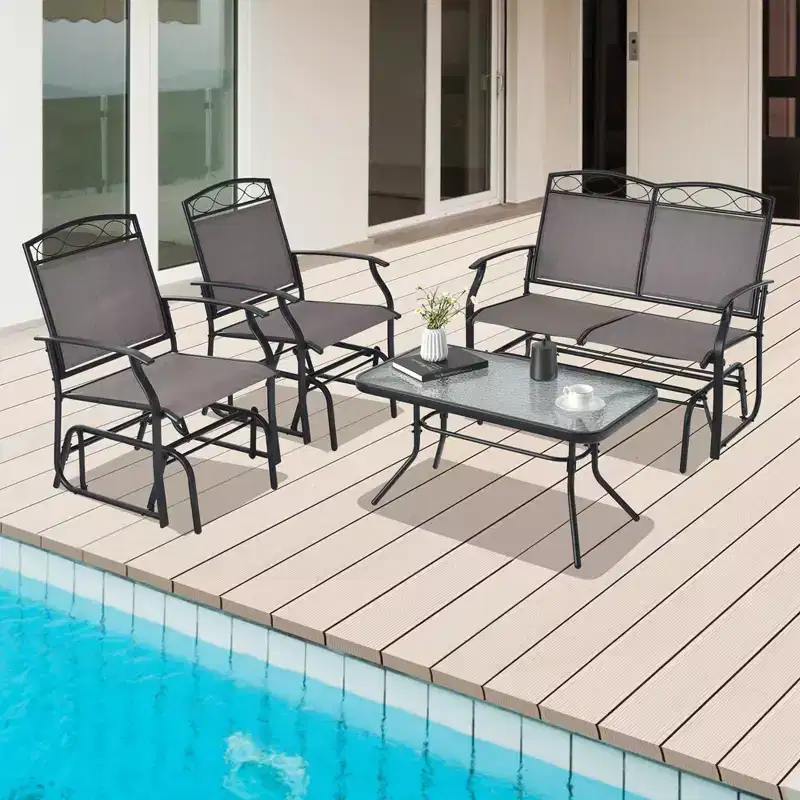 Costway 4pcs Patio Glider Conversation Set Swing Rocking Chair Table Heavy-Duty Outdoor
