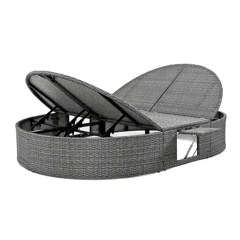 Rattan Patio Daybed with Cushions, Reclining Chaise Lounge, Foldable Trays
