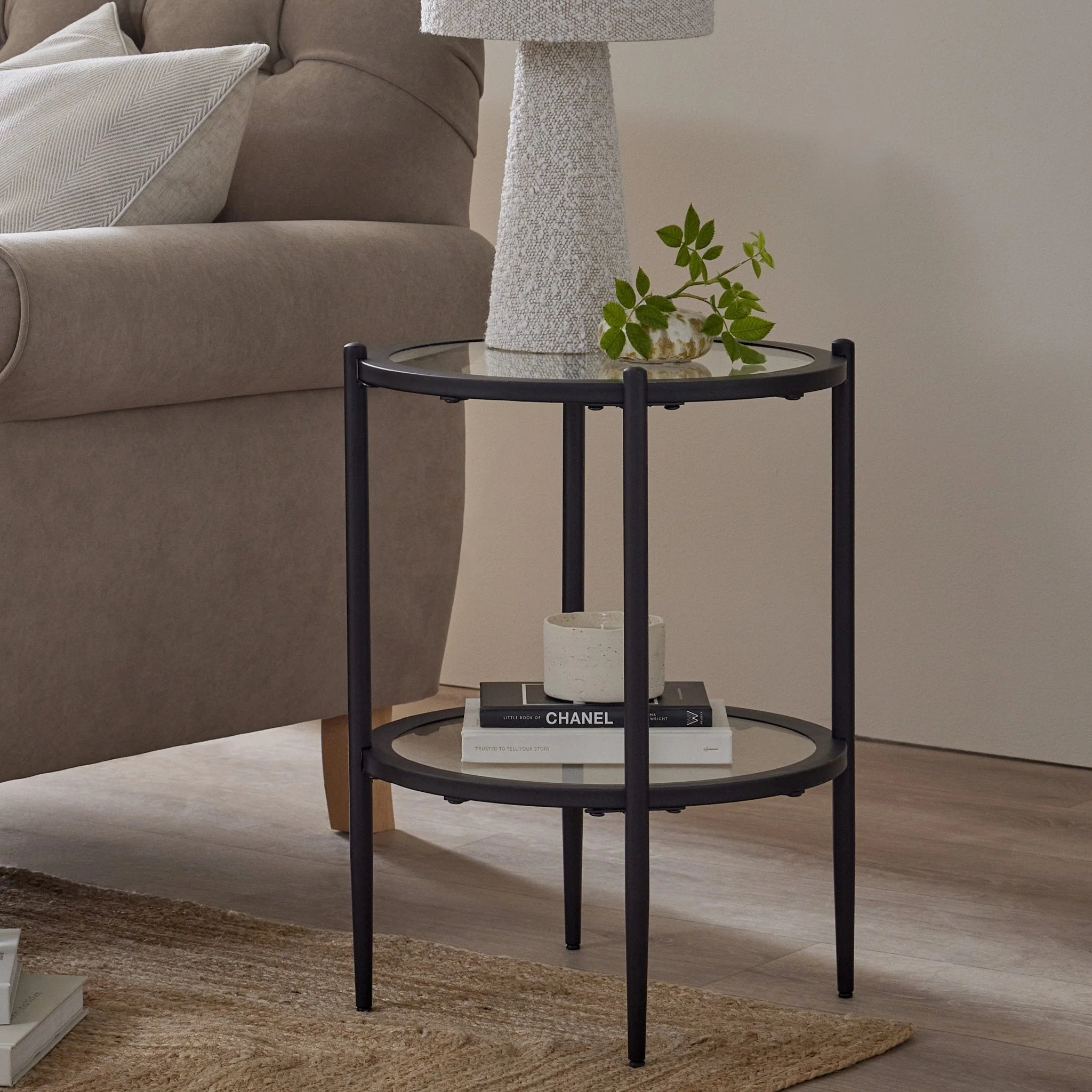 Contemporary Black Glass Metal Side Table with Round Top for Living Room
