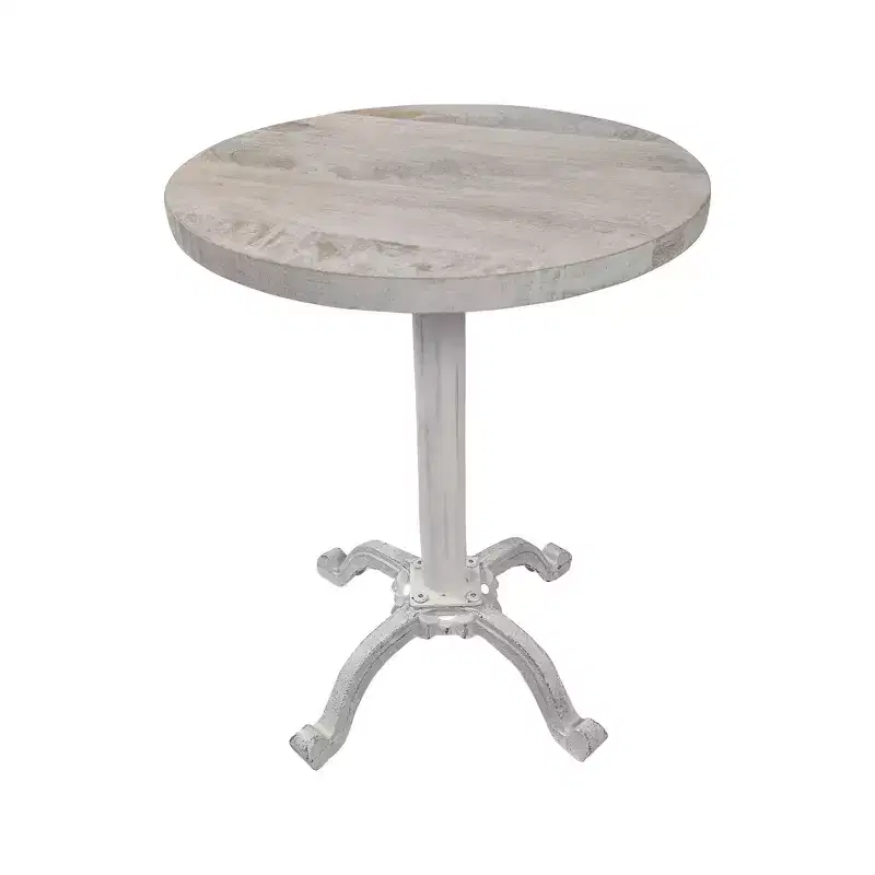 Adjustable Height Vintage Side Table, Mango Wood with Iron Base, Whitewash, 22