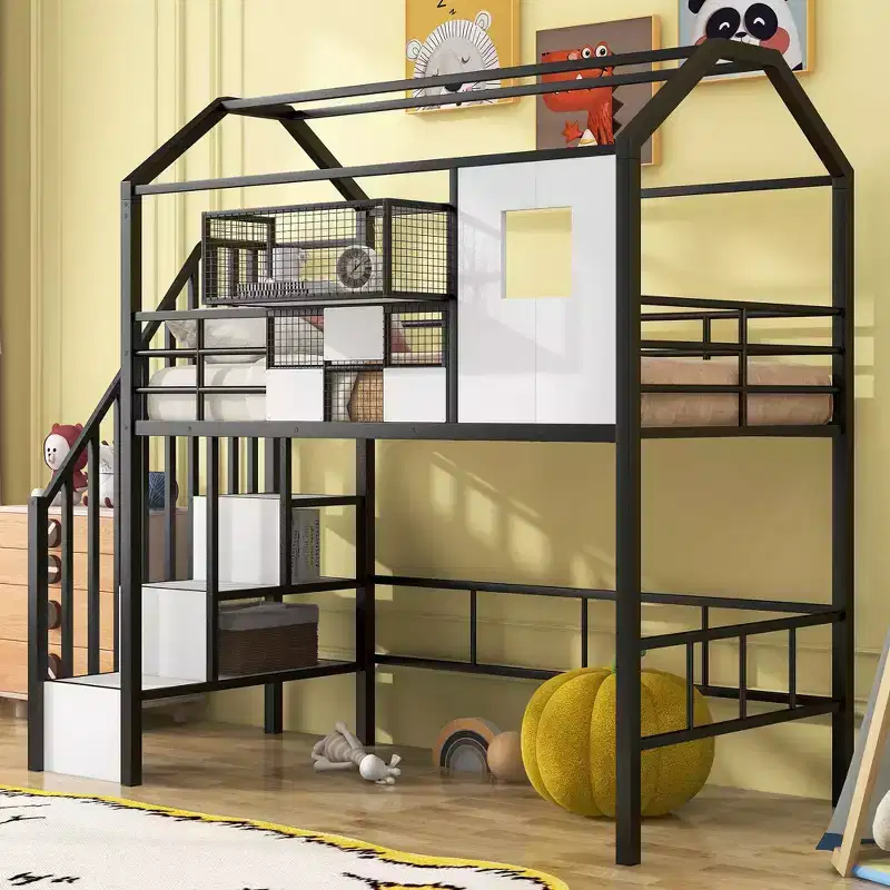 Okak 93.7IN Metal Loft Bed with House Roof Design, Bed Frames with Storage Shelves and Basket, Twin Bed for Living Room, Bedroom