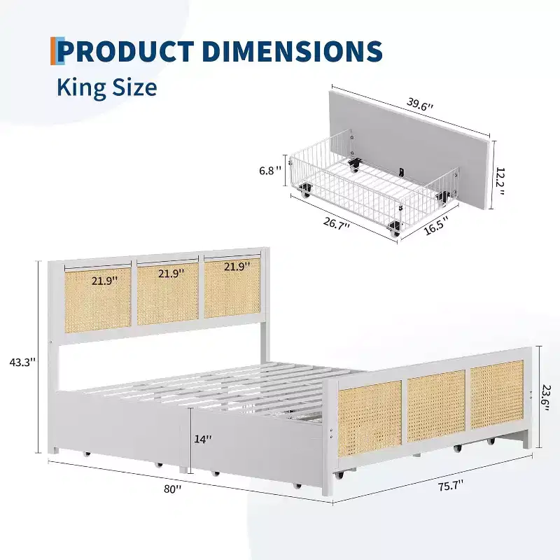 King Size Bed Frame with Headboard, Bohemian Rattan Platform Bed with Storage Drawers and LED Lighting