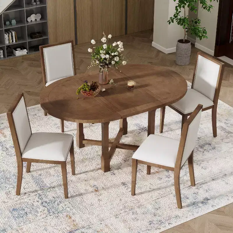 Extendable Farmhouse Dining Table Set – Brown / Gray+White, Seats 4