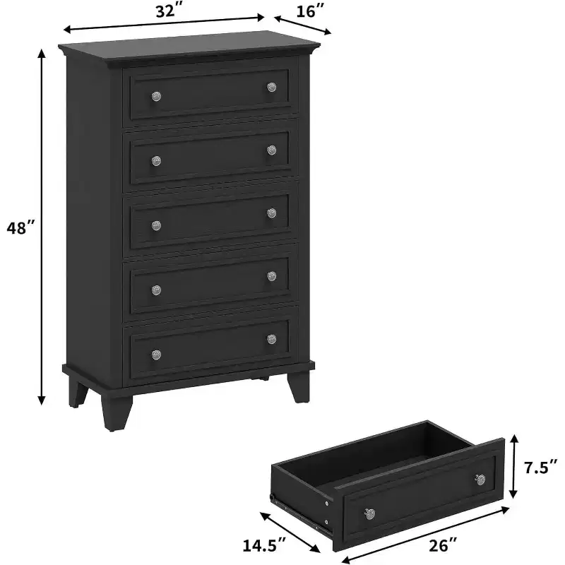Vintage 5 Drawers Tall Dresser Cabinet, MDF Stable Anti-Tip Storage Chest with Metal Smooth Track for Bedroom Living Room