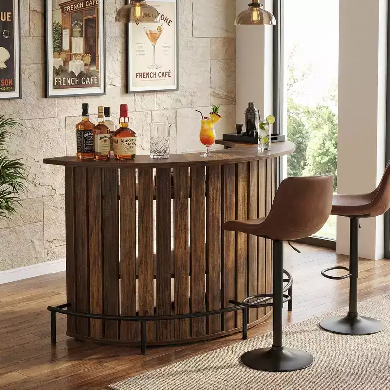 Arc-Shaped 4-Tier Storage Mini Bar Table, Modern Rustic Home Bar Cabinet with Footrest & MDF Construction