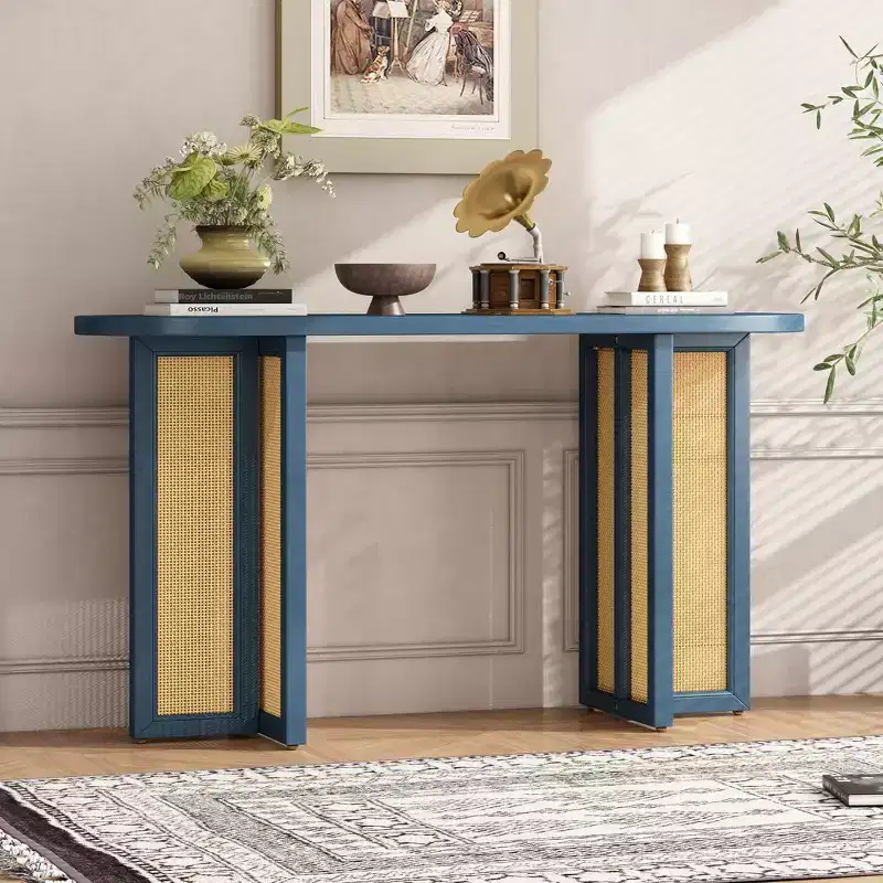 MAYEERTY Rattan Console Table Narrow with Storage for Living Room Hallway Navy