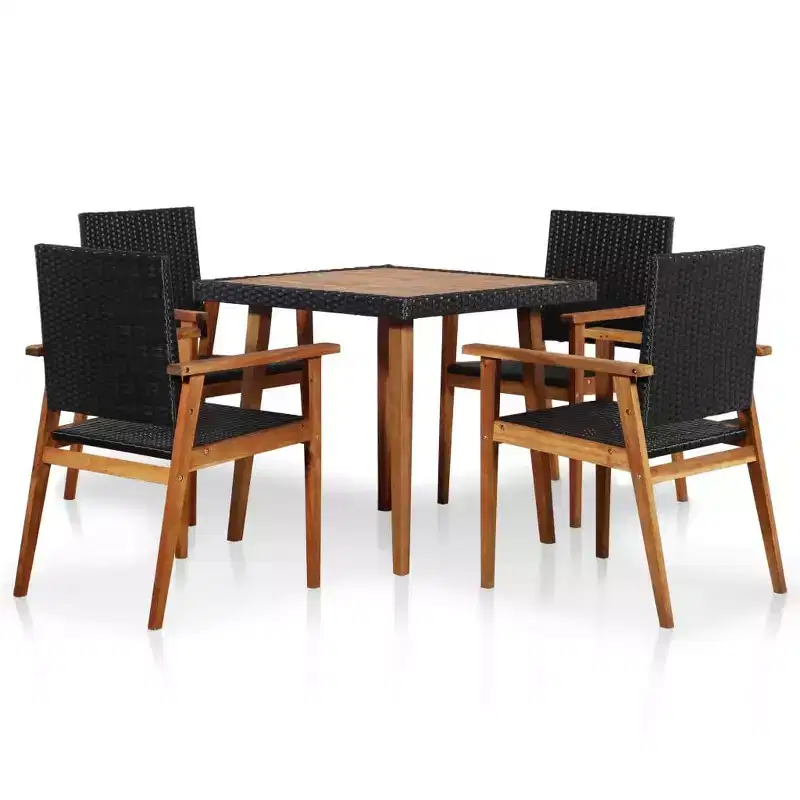 vidaXL 5-Piece Patio Dining Set - Vintage Design with Black and Brown Poly Rattan and Rustic Solid Acacia Wood Frames for Outdoor Gardens and Patios.