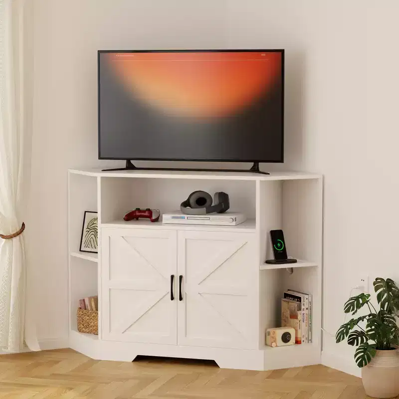 Corner TV Stand for TVs up to 55  Farmhouse Barn Door Media Console with Open Shelves & Storage Cabinet, White