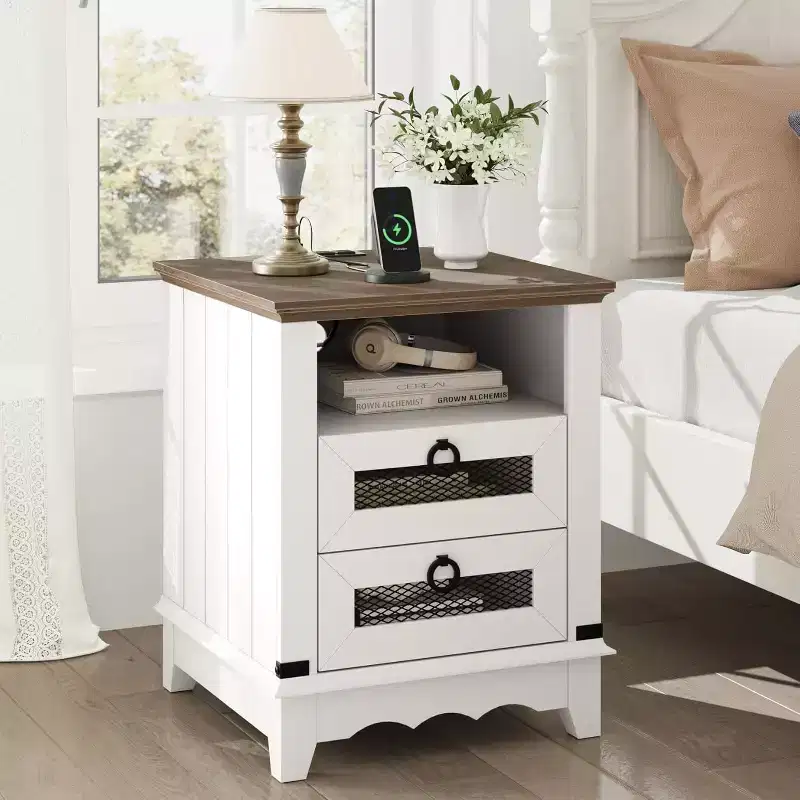 Farmhouse Nightstand with Drawers 18 inch Side Table with Charging Station Bedside Table with 2 Drawers Night Stand with 2 USB Ports End Table