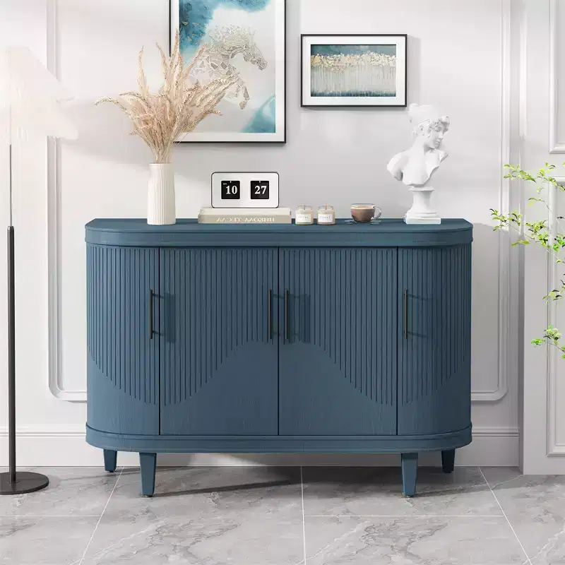 Modern Curved Wood Sideboard, 4-Door Console Cabinet with Adjustable Shelves for Coffee Bar or Entryway