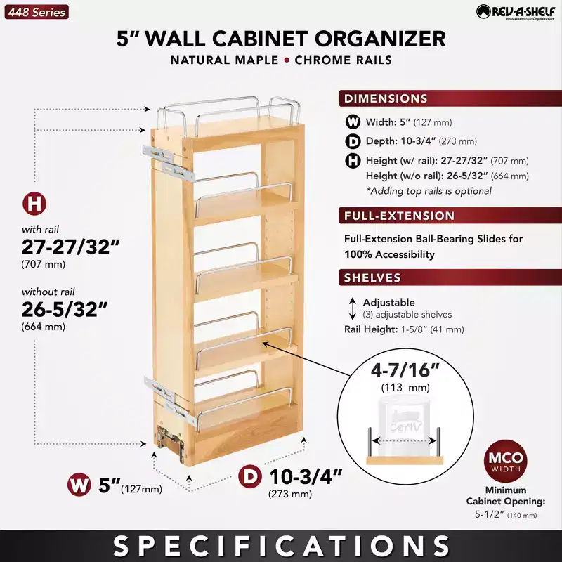 Rev-A-Shelf 5 Pull Out Storage Organizer for Wall Kitchen Cabinets, Sliding Adjustable Shelves for Spice Rack or Cans, Wood & Chrome, 448-WC-5C