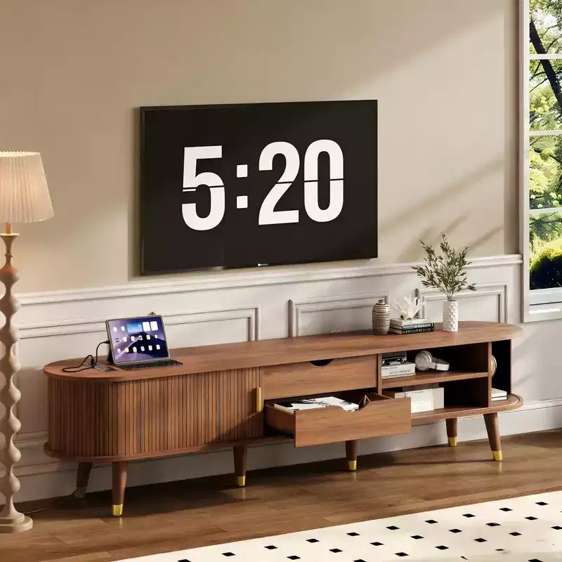 JVNOXK Wooden Oval Fluted TV Stand with Charging Station for TV up to 80, Mid-Century Media Console with Sliding Tambour Door,Walnut