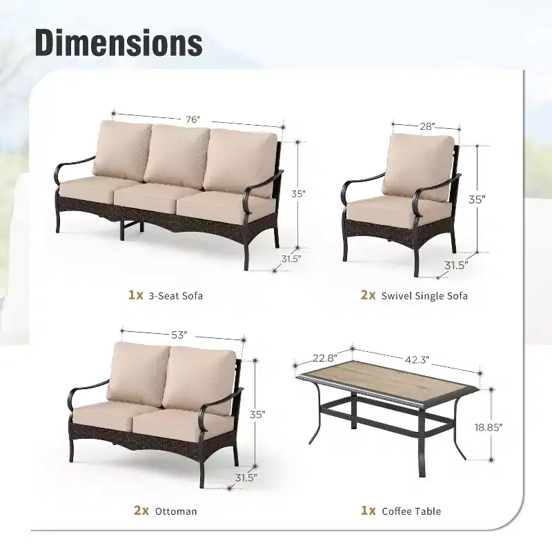 Captiva Designs 5pc Extra Large Metal and Rattan Outdoor Patio Conversation Set with Coffee Table and Loveseat