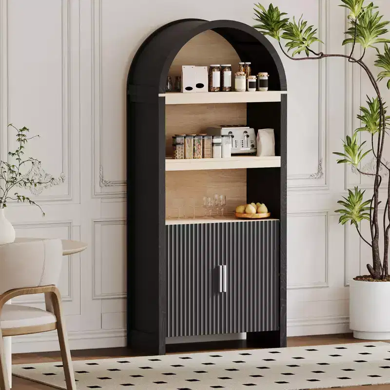 71 Inch Tall Bookcase Arched Cabinet, Modern 5 Tier Bookshelf, with Fluted Doors & Open Display Shelves, for Office Dining Living Room