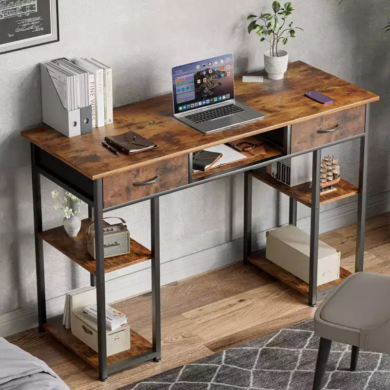 Computer Desk with Fabric Drawers and Storage Shelves, Modern Writing Study Table for Bedroom with Adjustable Feet