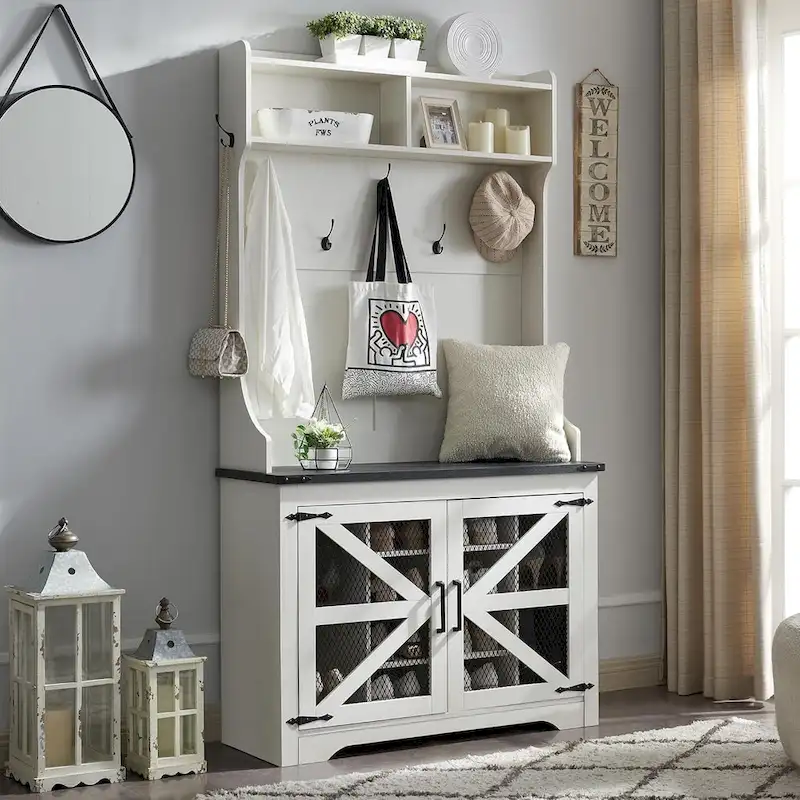 42  Wide Farmhouse Entryway Bench with Coat Rack, Mudroom Cabinet