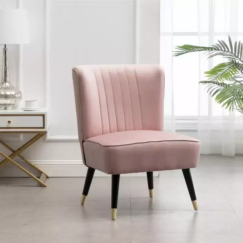 Velvet Accent Chair, Contemporary Upholstered Armchair with Curved Back, Dense Foam Padding & Black Rubberwood Legs, Pink