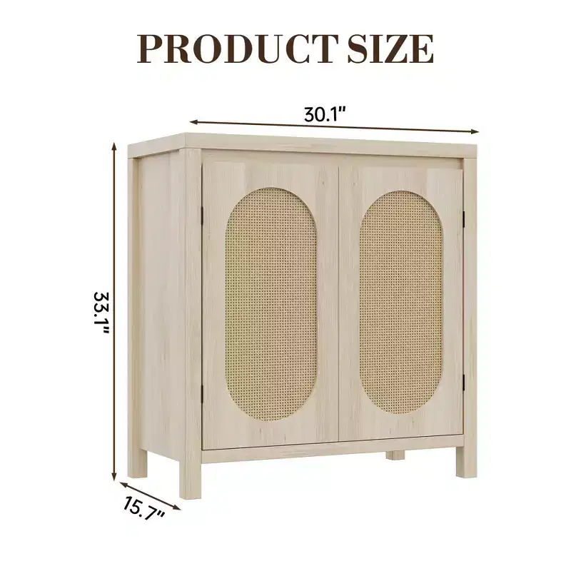 GustoWave Rattan Storage Cabinet with PVC Woven Doors, Wooden Sideboard Buffet with Adjustable Shelf, Wood Coffee Bar Cabinet