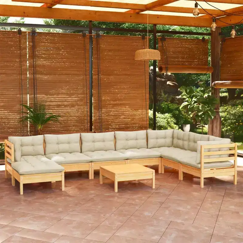 vidaXL Solid Pinewood 9-Piece Patio Lounge Set with Cream Cushions - Adjustable Configuration for Garden, Deck, and Outdoor Spaces