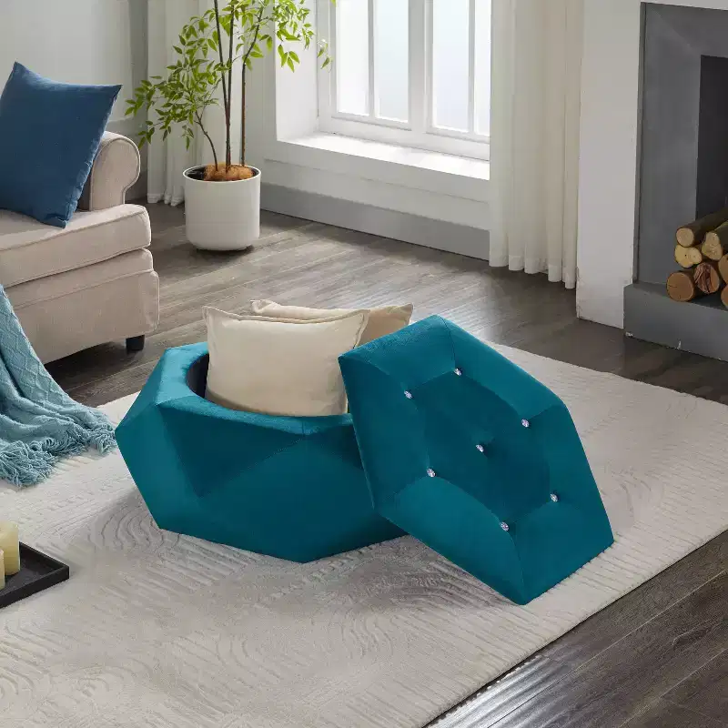 Okak Modern Velvet Diamond Tufted Ottoman Coffee Table with Practical Storage,Multi-Functional Side Footrest for Bedroom,Entryway