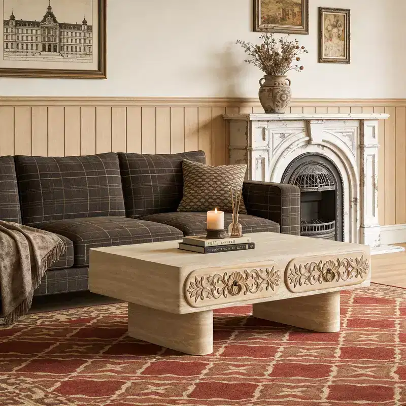 Modern Rounded Edge Coffee Table with Floral Drawer