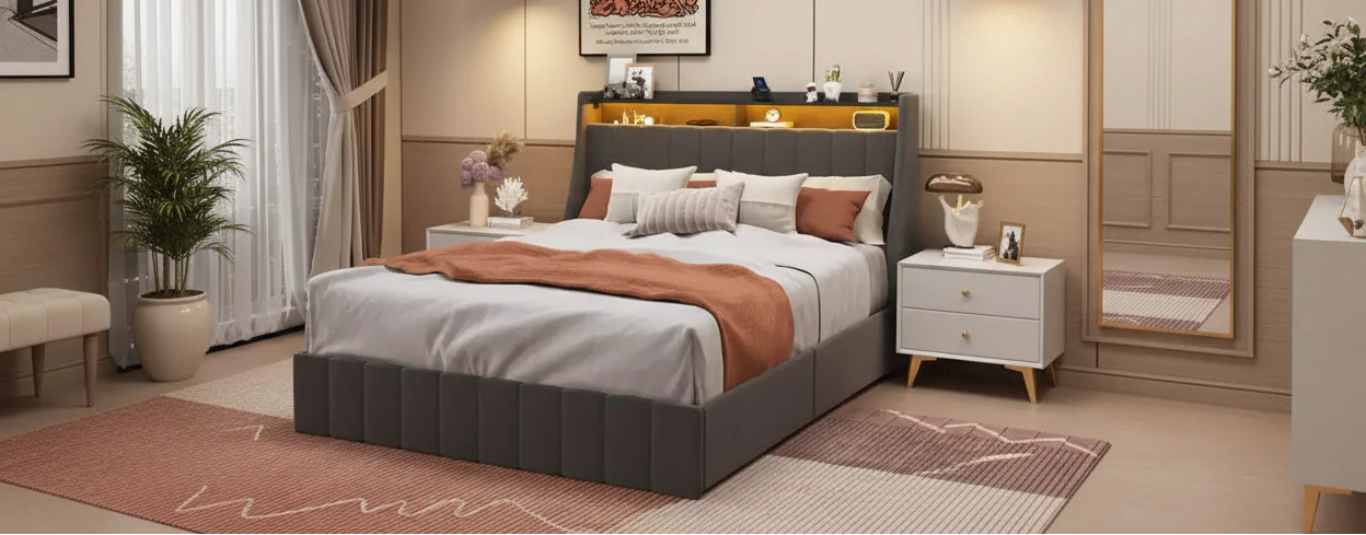 Queen Platform Bed Frame with LED Panel Headboard, Storage Drawers, Easy Assembly