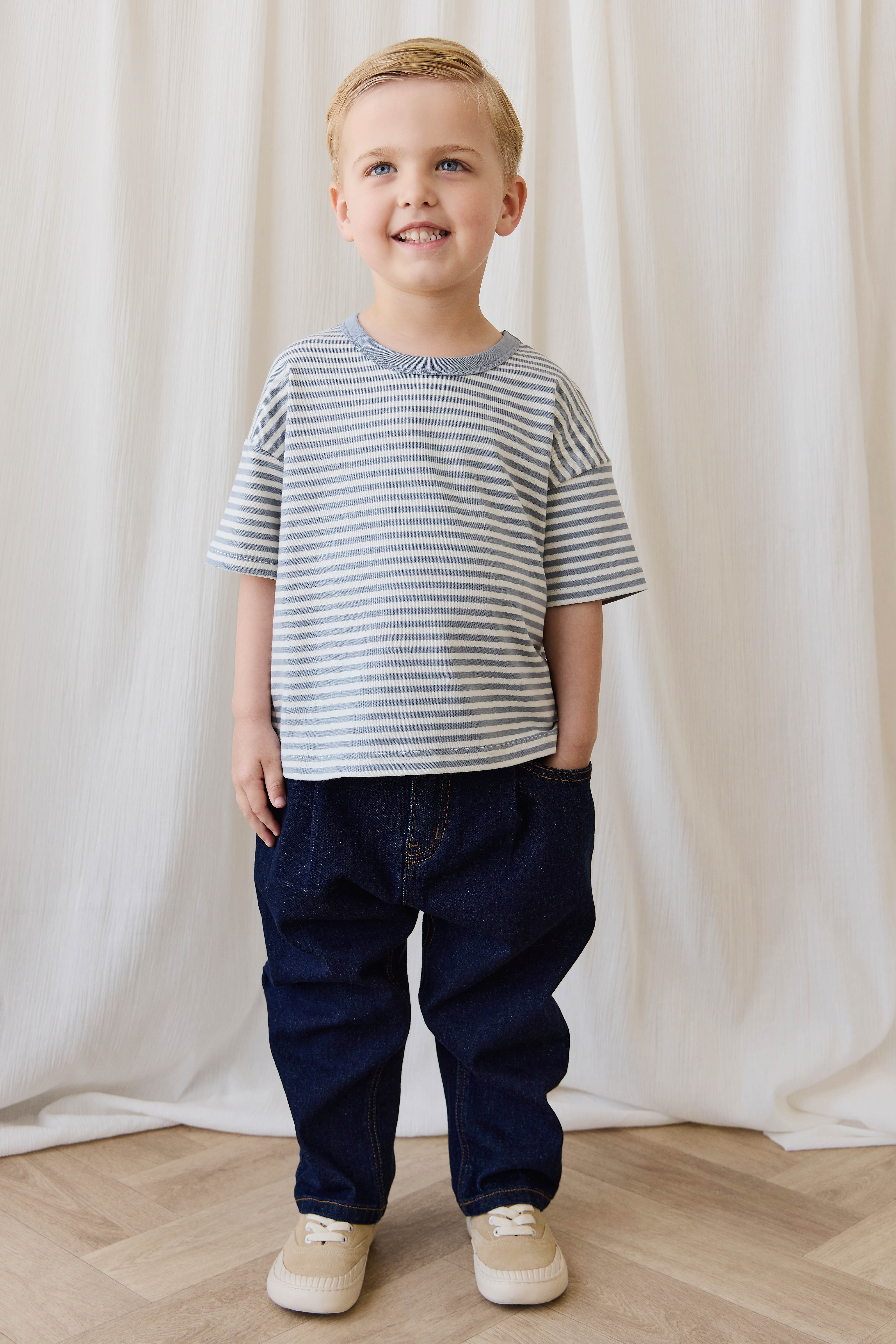 Casual Mid Indigo Denim Cotton Tapered Pant with Elastic Waistband & Functional Pockets for Kids 6M–8Y
