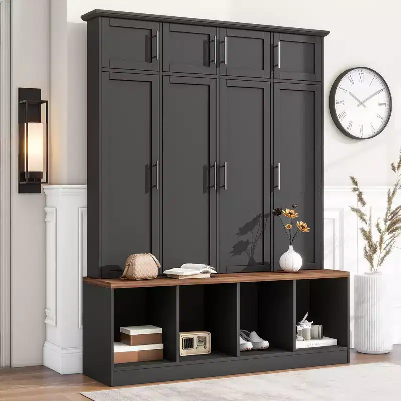 Entryway Hall Tree with Bench, 8 Cabinets, 4 Shoe Compartments & 4 Hooks, Black Mudroom Organizer