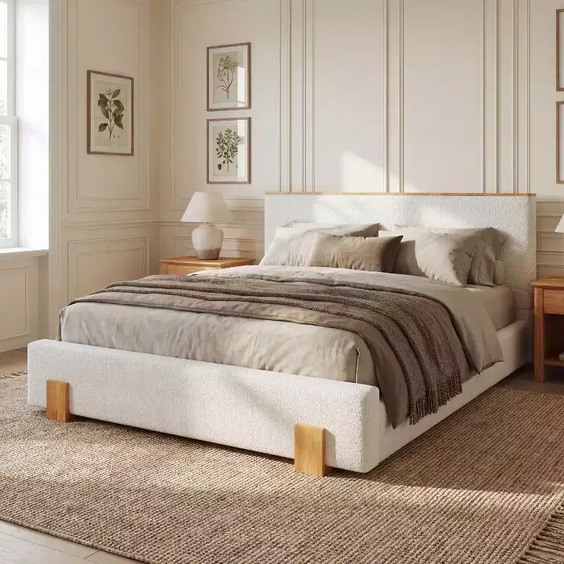 Modern Minimalist Boucle Upholstered Bed with Headboard