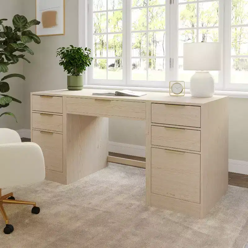 Modular Home Office Desk with Single Drawer & Dual 3-Drawer File Cabinets, Wood Composite