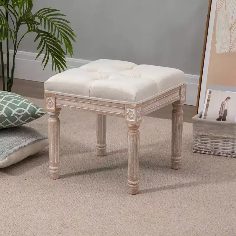 Beige Square Ottoman Footstool with Button Tufted Seat & Carved Legs, Single