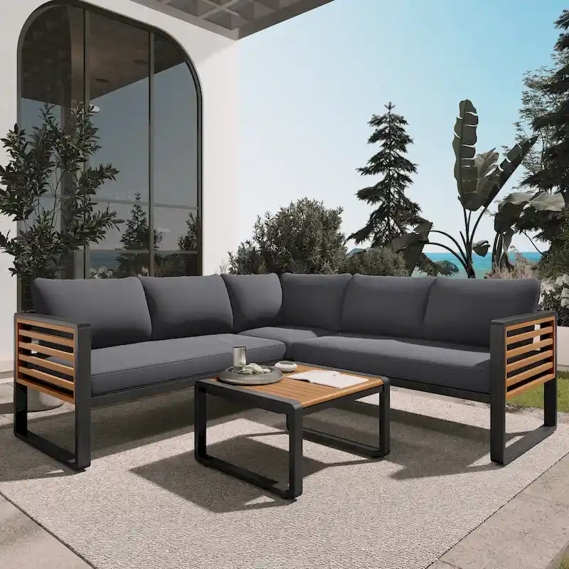 4 Piece Outdoor Patio Furniture Set, Patio Sectional L-shaped Sofa Set with Soft Cushion and Rectangular Coffee Table