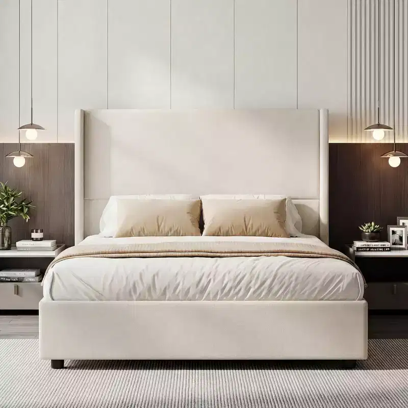 Dyonery Queen Upholstered Platform Bed Frame with 51.2 Tall Wingback HeadboardCSolid Wood Legs, No Box Spring Needed, Linen Modern Style